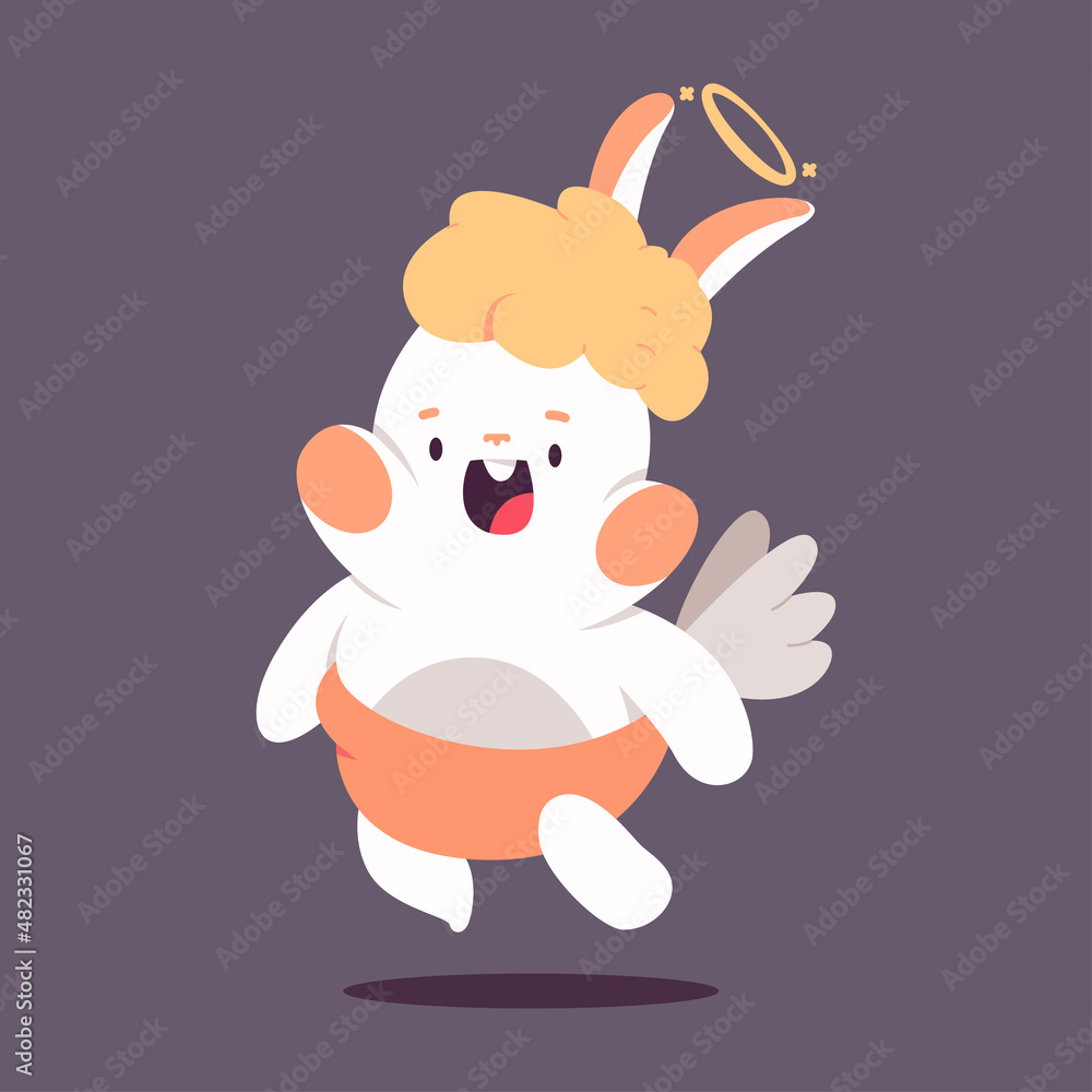Obraz premium Cute cupid rabbit with angel wings and halo vector cartoon Valentines day character isolated on background.