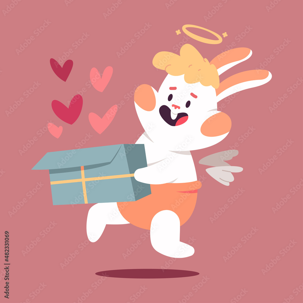 Cute cupid rabbit with gift box and hearts vector cartoon Valentines day character isolated on background. Cute cupid rabbit with gift box and hearts vector cartoon Valentines day character isolated on background.