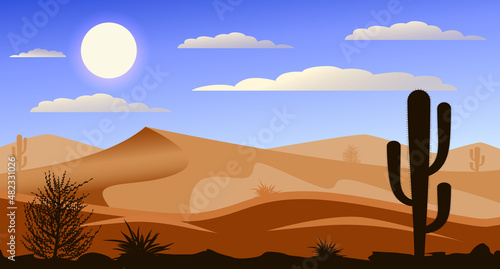 Landscape silhouette in the desert. Pattern background with wild cactus.