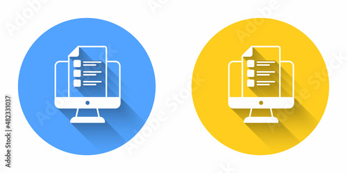 White Online quiz, test, survey or checklist icon isolated with long shadow background. Exam list. E-education concept. Circle button. Vector