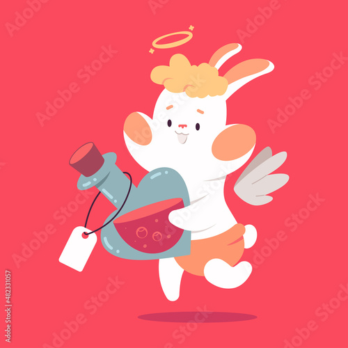 Cute cupid rabbit with love potion vector cartoon Valentines day character isolated on background.