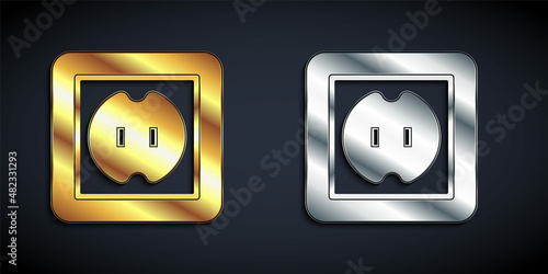 Gold and silver Electrical outlet icon isolated on black background. Power socket. Rosette symbol. Long shadow style. Vector