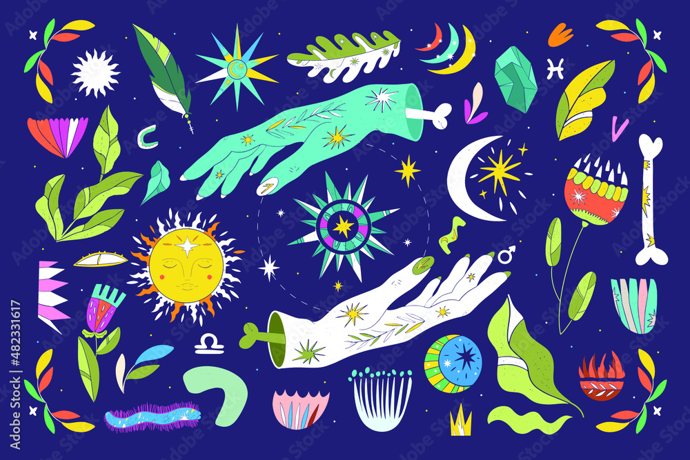 Obraz premium A set of elements of vector design of witch magic. A collection of magicians, hand-drawn, doodles, sketches. Magical symbols_ moon, stars, plants, eyes. Perfect for tattoos, textiles, postcards, secre