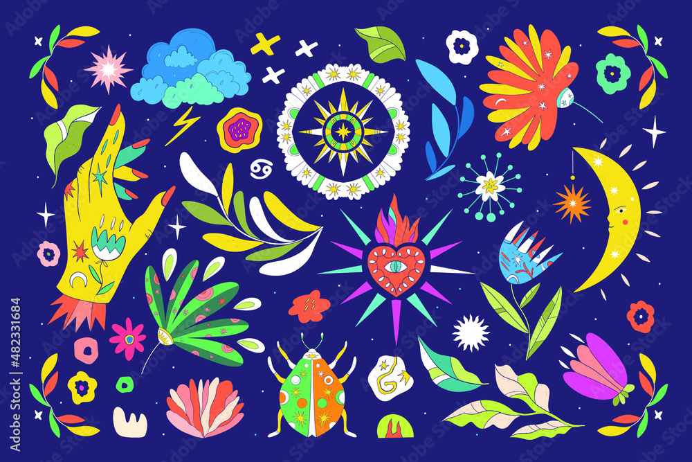 Fototapeta premium A set of elements of vector design of witch magic. A collection of magicians, hand-drawn, doodles, sketches. Magical symbols_ moon, stars, plants, eyes. Perfect for tattoos, textiles, postcards, secre
