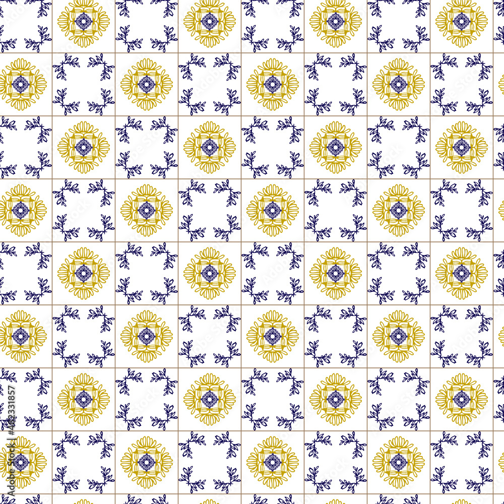 Azuleyo seamless pattern yellow and blue ornament.Portugal geometric ceramics.Geometry seamless pattern in portugales style yellow and blue ornament. Azulejos vector, fashion interior design tiles. Azuleyo seamless pattern yellow and blue ornament.Portugal geometric ceramics.Geometry seamless pattern in portugales style yellow and blue ornament. Azulejos vector, fashion interior design tiles.