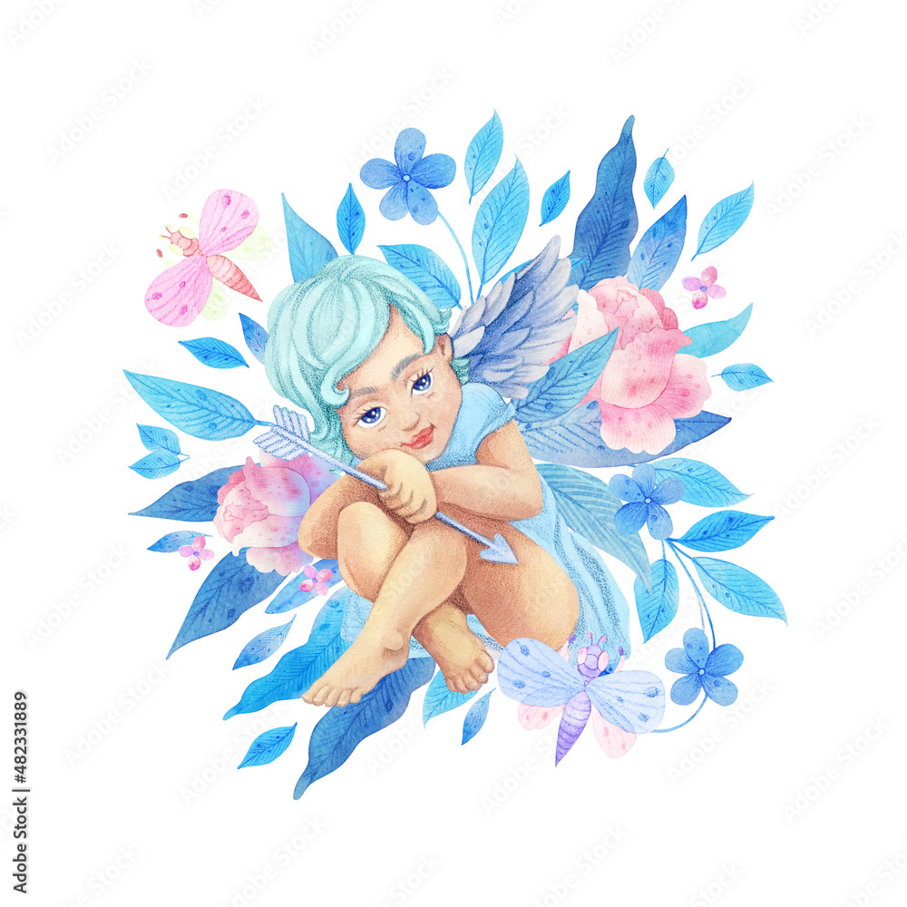 Cute watercolor cupid character in vintage style isolated on white background. Cupid with an arrow. Illustration for valentine's day, wedding, romantic event.