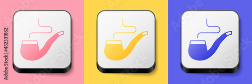 Isometric Smoking pipe with smoke icon isolated on pink, yellow and blue background. Tobacco pipe. Square button. Vector