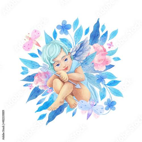 Cute watercolor cupid character in vintage style isolated on white background. Cupid with an arrow. Illustration for valentine's day, wedding, romantic event. photo