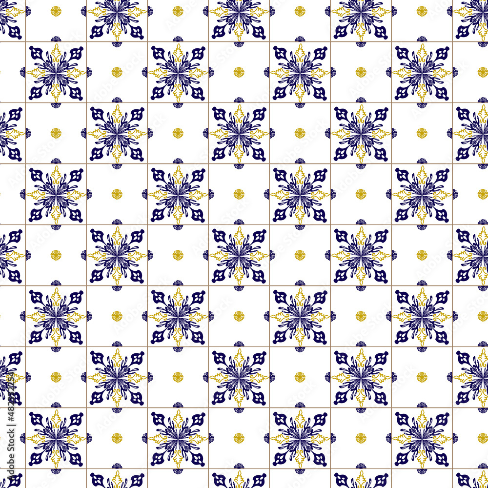 Naklejka premium Azuleyo seamless pattern yellow and blue ornament.Portugal geometric ceramics.Geometry seamless pattern in portugales style yellow and blue ornament. Azulejos vector, fashion interior design tiles.
