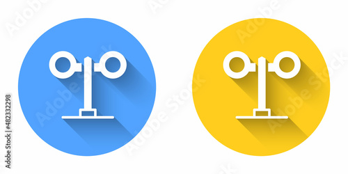 White Train traffic light icon isolated with long shadow background. Traffic lights for the railway to regulate the movement of trains. Circle button. Vector