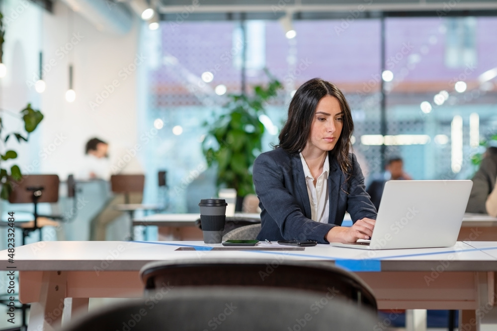Businesswoman working on laptop at desk in office Businesswoman working on laptop at desk in office
