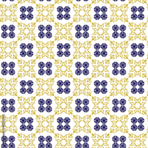 Azuleyo seamless pattern yellow and blue ornament.Portugal geometric ceramics.Geometry seamless pattern in portugales style yellow and blue ornament. Azulejos vector, fashion interior design tiles. © Oksana