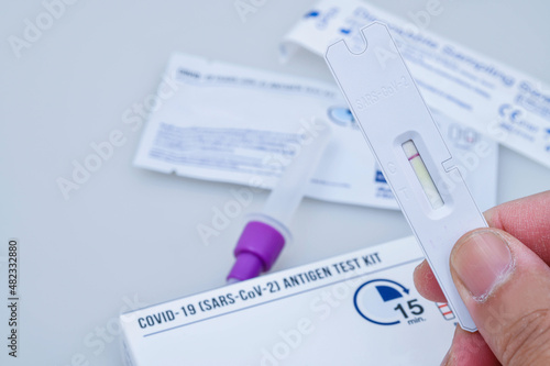 Hand holding Covid-19 negative test result with SARS-CoV-2 Rapid antigen test kit (ATK).Self testing for Coronavirus infectious protective. photo