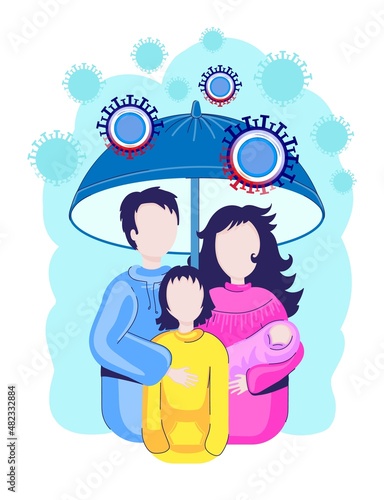 Family health concept.Protection against viruses and diseases. Security shield. Health Care banner.A family protects itself from the virus. The umbrella symbolizes protection against the epidemic...