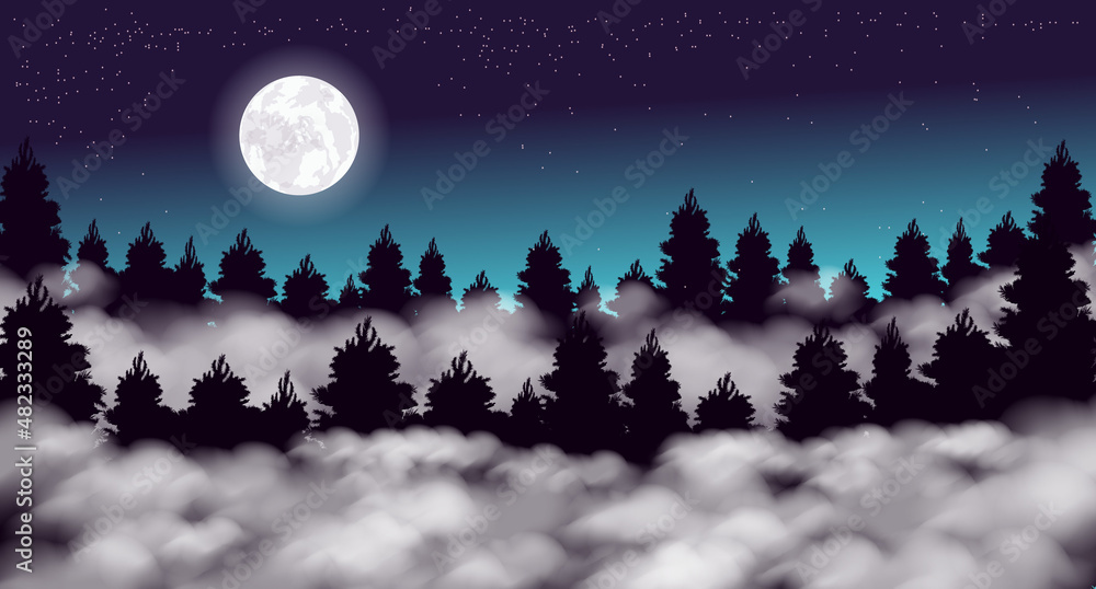 Naklejka premium Vector illustration. Foggy forest. Starry sky. Moon.