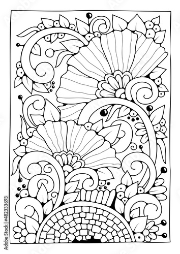 Floral background for coloring, coloring page for children and adults. Vector background with flowers for drawing.