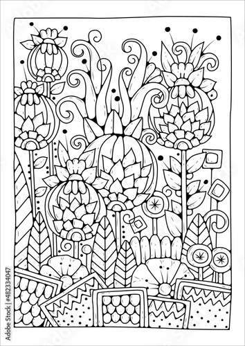 Art line flowers. Black and white background for coloring. Coloring page for children and adults.