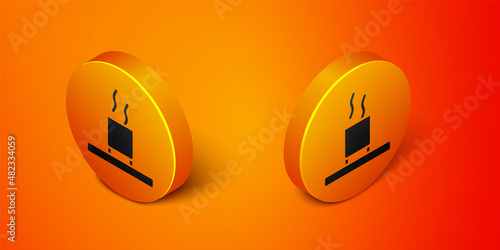 Isometric Cup of tea icon isolated on orange background. Orange circle button. Vector