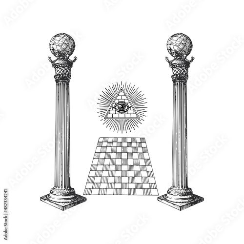Freemasonry Columns and Eye of Providence concept.
