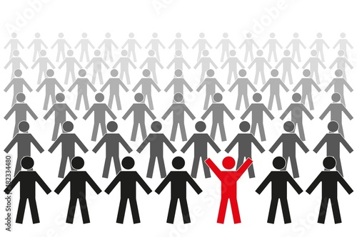 Individuality concept. One individual red man with many different black. Vector