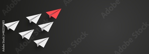 Individual red leader paper plane lead other on empty copy space background. Business and leadership concept. Vector photo