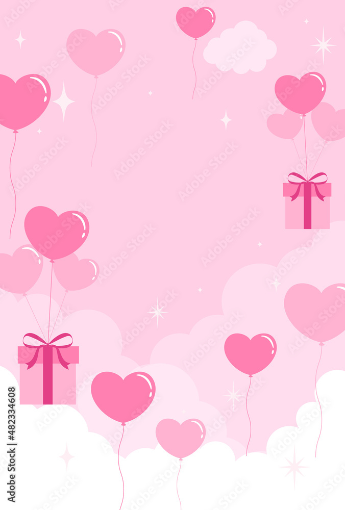 vector background with heart shaped balloons and gift boxes in the sky for Valentine’s day banners, cards, flyers, social media wallpapers, etc.