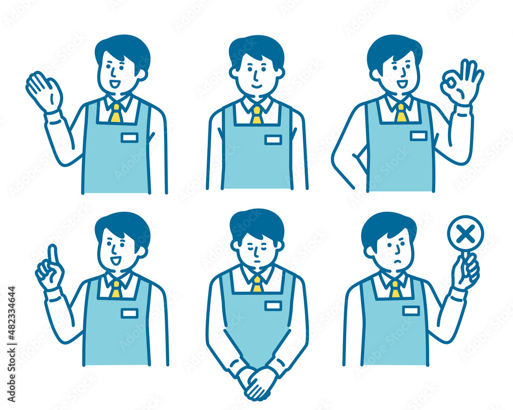 Pose set of a male clerk wearing an apron Pose set of a male clerk wearing an apron