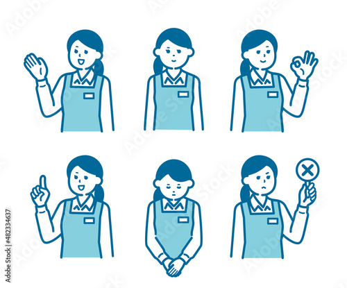 Female clerk pose set with an apron