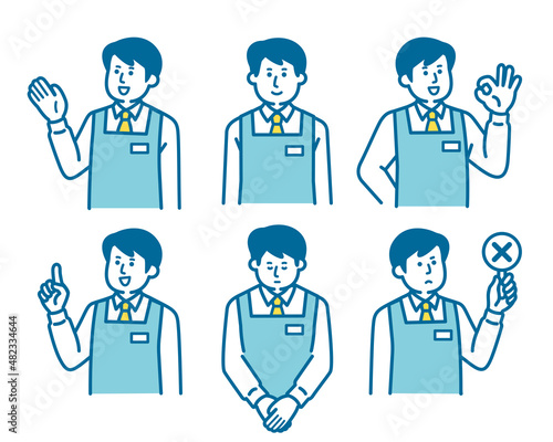Pose set of a male clerk wearing an apron