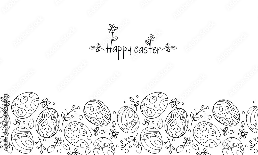 Seamless Pattern border Easter eggs and holiday flowers. Perfect for web page background, spring and Easter greeting cards. Endless texture for spring design advertising banner. EPS 8