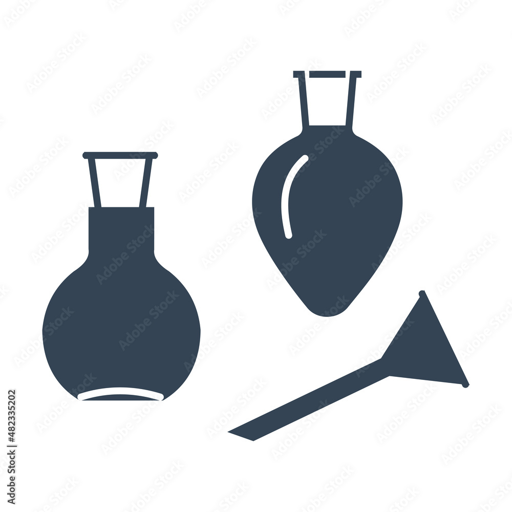Vector black icon chemical laboratory equipment, flask, funnel