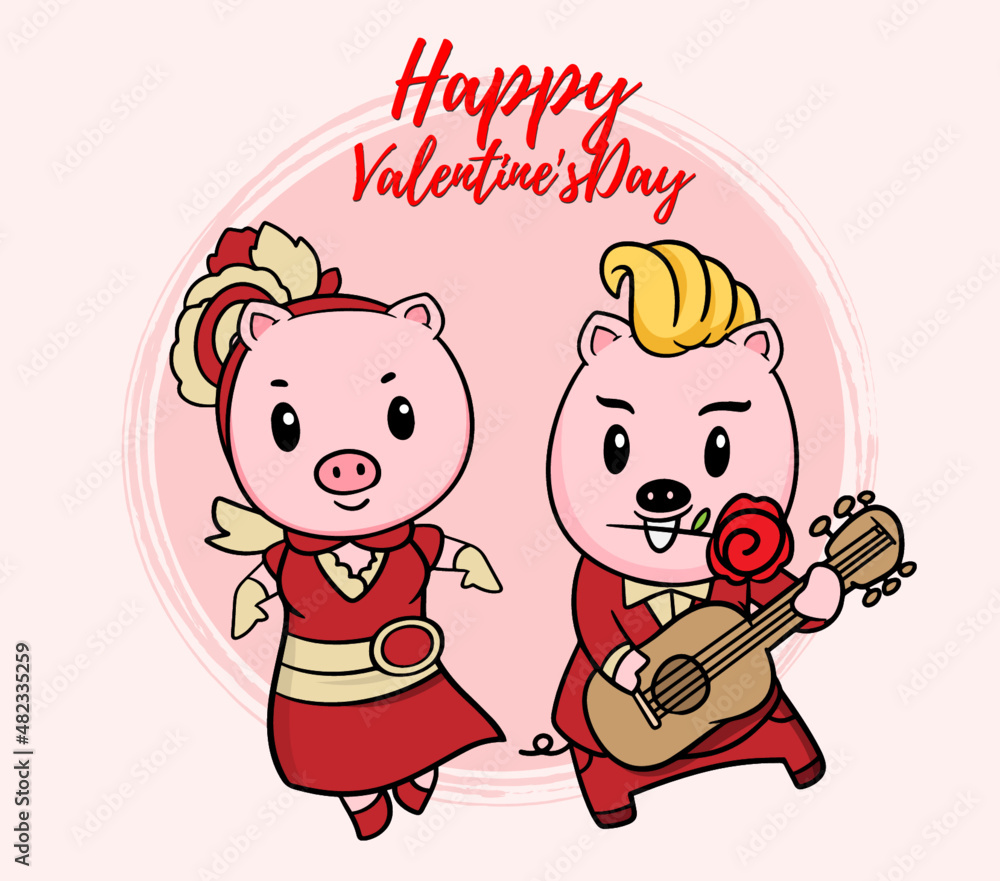 Obraz premium Valentine piglet cute cartoon, hand drawn illustration Pig for Valentine day ,Pink Pig Lover vector for Valentine day ,Pig Character design for Valentine card.