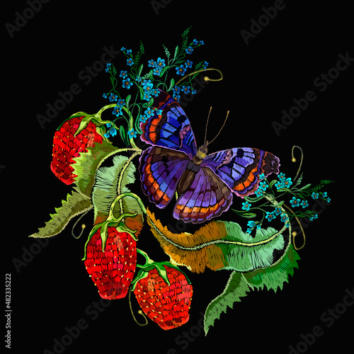 Strawberry plant with leaves and butterfly. Fashion template for clothes, textiles and t-shirt design. Summer garden art. Embroidery style