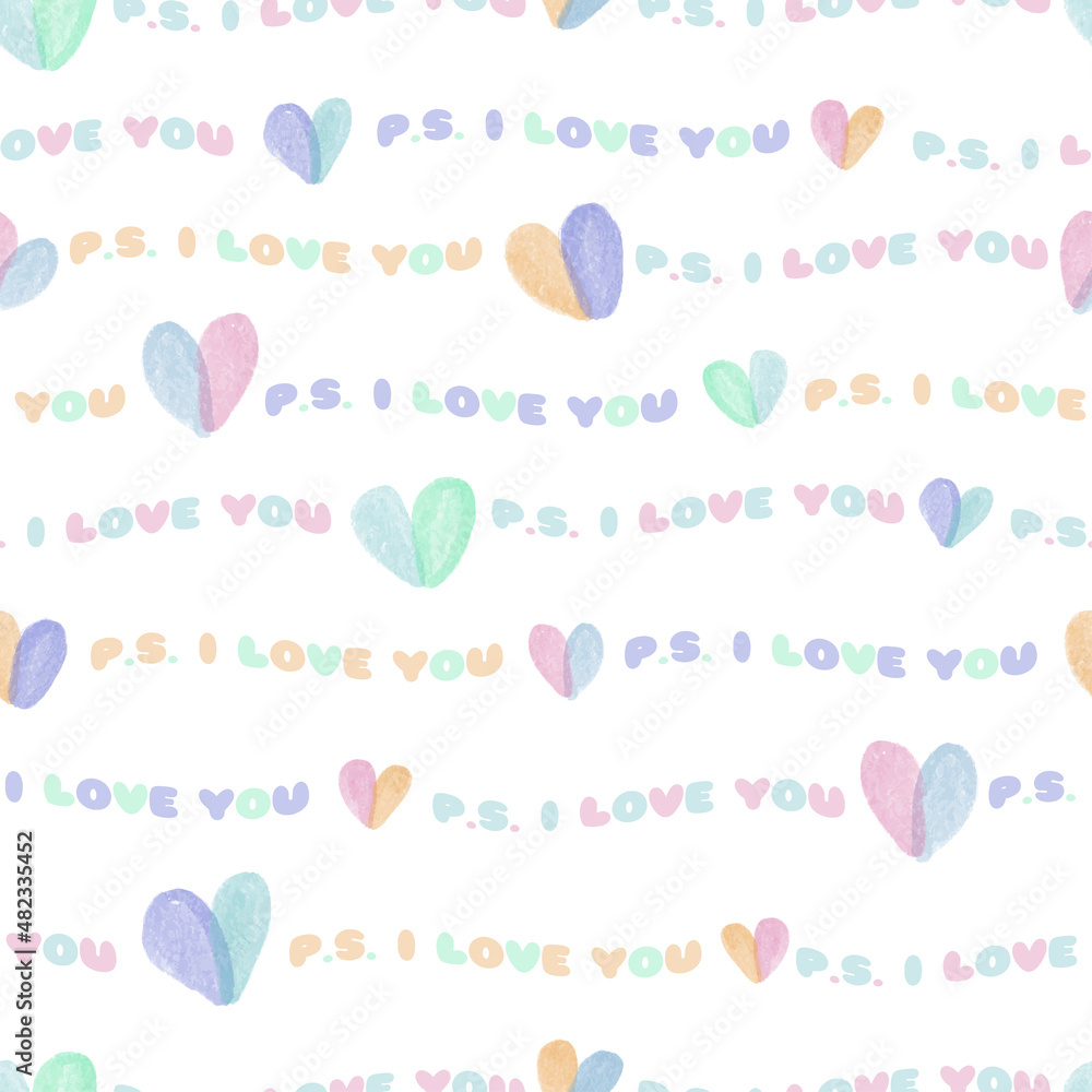 seamless valentine day pattern background with  heart shape and word , p.s. i love you , valentine card