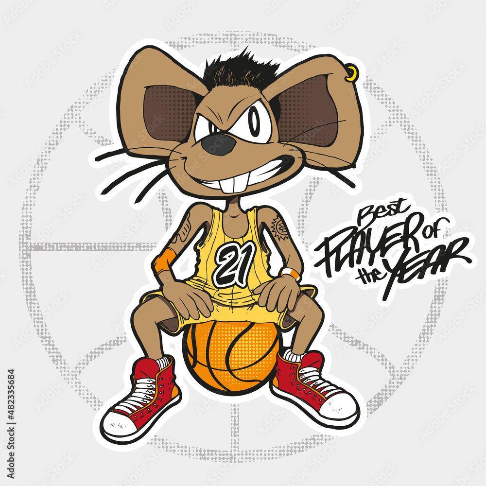 Mouse basketball player seated on a basket ball with a grin on his face. Mouse  basketball mascot best player of the year. Stock Vector | Adobe Stock