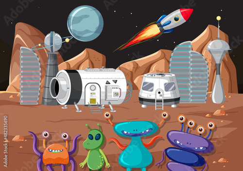 Outer space planet with aliens in cartoon style