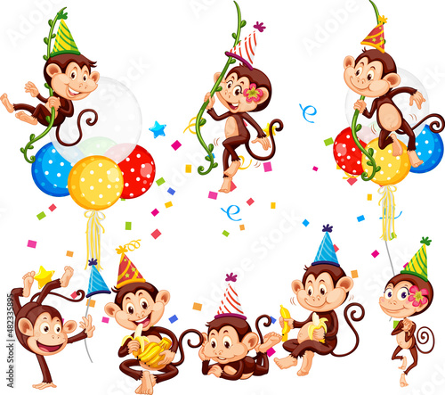 Set of funny monkeys doing different activities