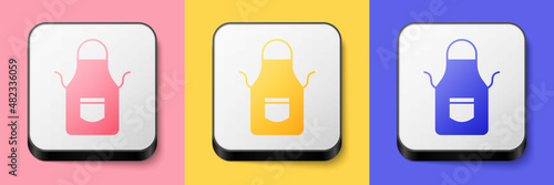 Isometric Blacksmith apron icon isolated on pink, yellow and blue background. Protective clothing and tool worker. Square button. Vector