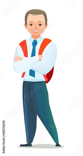 Pretty little boy student. Cheerful schoolboy. Standing pose. Cartoon flat design in comic style. Single character. Illustration isolated on white background. Vector