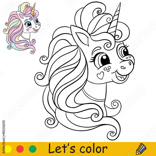 Coloring with template funny unicorn head vector illustration