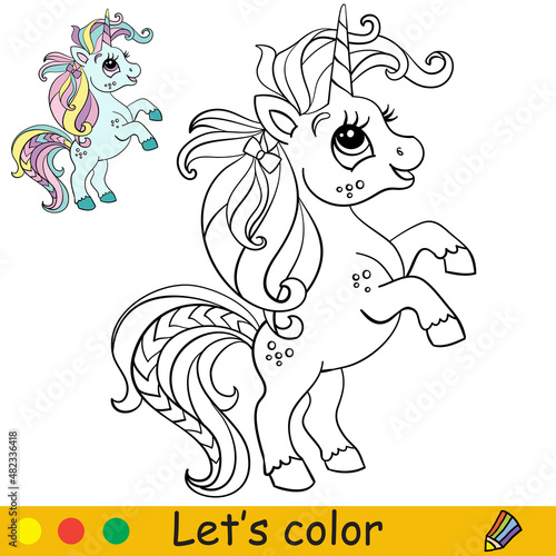 Coloring with template funny turquoise unicorn vector illustration