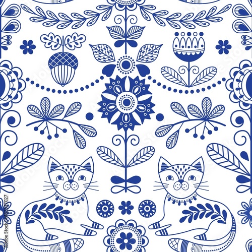 Scandinavian folk seamless pattern. Blue folklore border, swedish ornament design. Nordic rustic art style print. Cat and flowers, decorative nowaday vector background