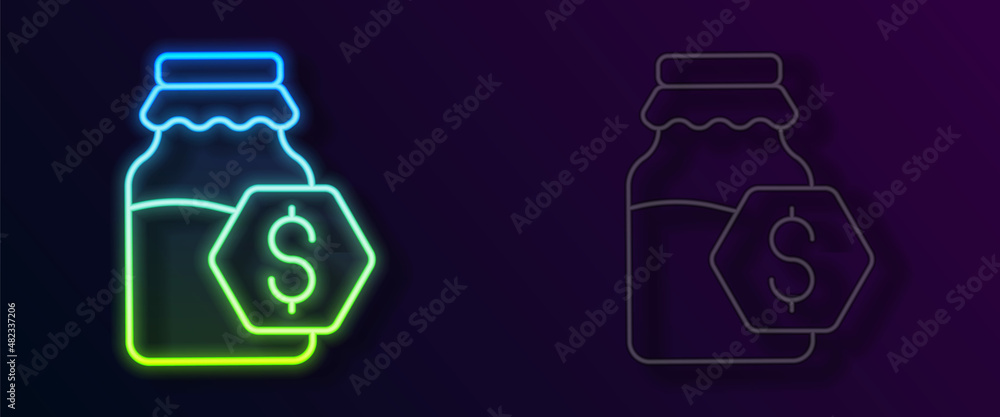 Glowing neon line Sale in jar of honey icon isolated on black background. Food bank. Sweet natural food symbol. Vector Glowing neon line Sale in jar of honey icon isolated on black background. Food bank. Sweet natural food symbol. Vector