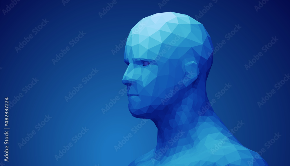 Obraz premium Human head, low poly style 3d vector wireframe object broken into different particles.