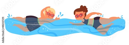 Swimming children. Swim in pool, child water competitions. Boy girl play in water, happy summer beach vacation. Cartoon kids in sea, decent vector concept