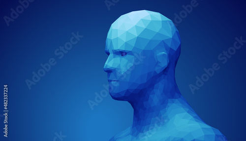 Human head, low poly style 3d vector wireframe object broken into different particles.