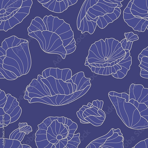 Abstract line lotos seamless pattern. Blue flowers, indigo floral plants. Textile or fabric, decorative print for wrapping and wallpaper. Vintage vector background design