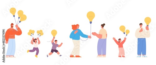 Creative ideas. Adults children with new idea, happy creativity. Sharing thoughts and inspire. Collaboration and business start metaphor, vector characters © MicroOne