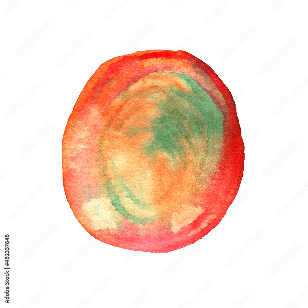 Fototapeta premium Watercolor fish scale, red with orange stains. Ocean and sea fish. Squama for seafood restaurant. Hand drawn logo, circle and oval shape. Raster stock illustration, isolated on white background.
