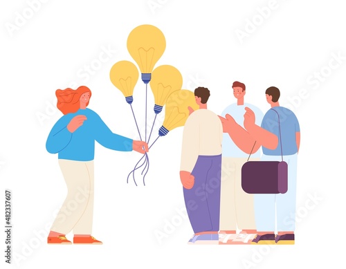 Girl sharing ideas with men. Creative woman and people group, business development or start up. Colleagues support, share metaphor vector concept
